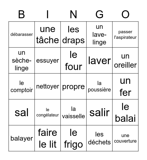 les taches ménagères Bingo Card