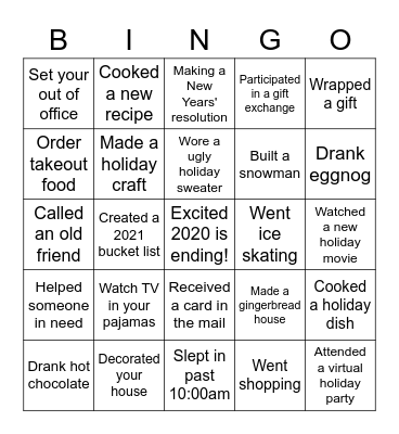 OneNoble Holiday Break Bingo Card