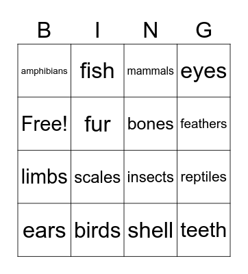 Animal Classification Bingo Card