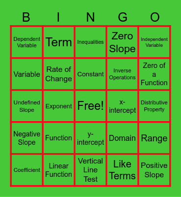 Algebra Semester 1 Vocabulary Bingo Card