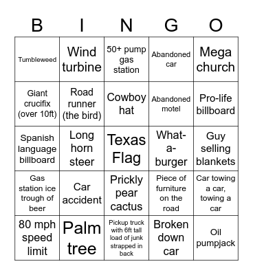 Texas Road Trip Bingo Card