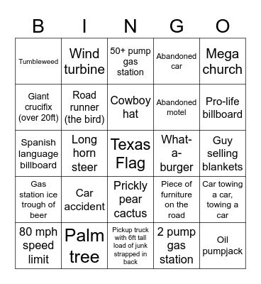 Texas Road Trip Bingo Card