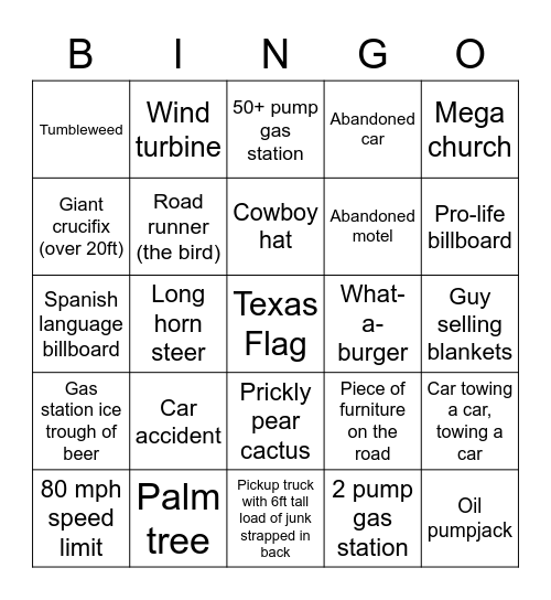 Texas Road Trip Bingo Card