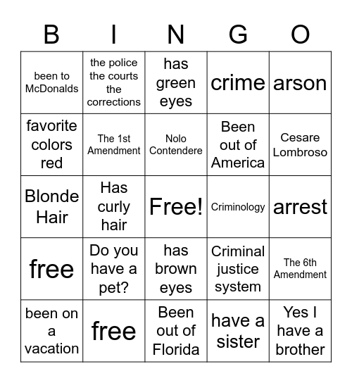 Criminal Juistice 1 Bingo Card