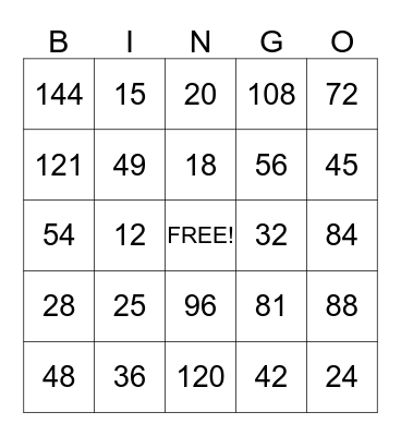 Multiplication Bingo Card