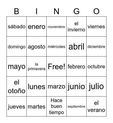 Months/Days Bingo Card