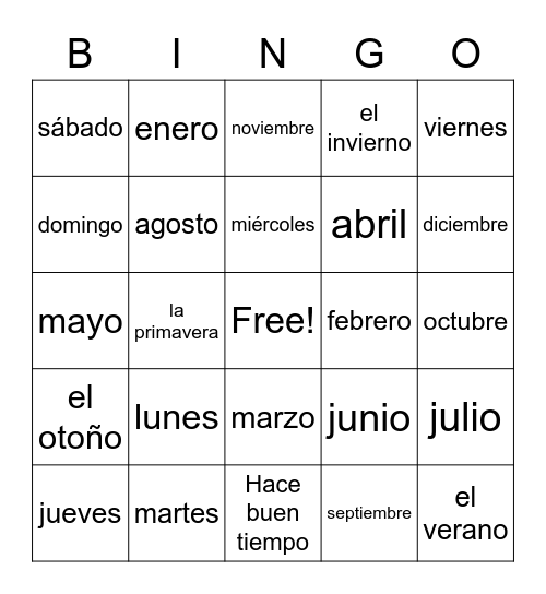 Months/Days Bingo Card