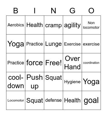PE Words Bingo Card