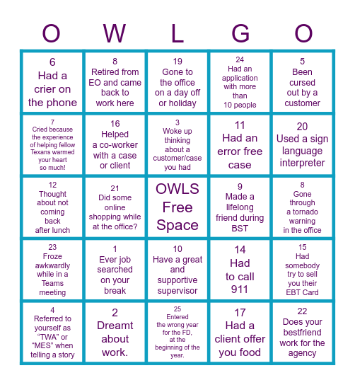 OWLS BINGO Card