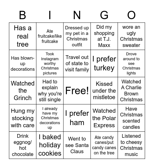 Christmas at Craven Bingo Card
