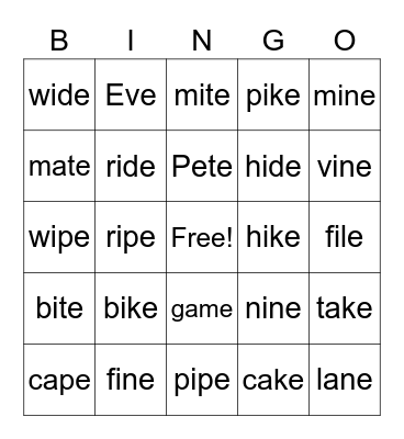 VCe Bingo Card