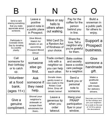Prospect Random Acts of Kindness Project Bingo Card