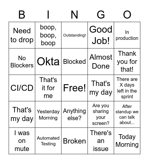 Standup Utterances Bingo Card