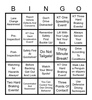 QUICKSILVER  FREIGHT SAFETY Bingo Card