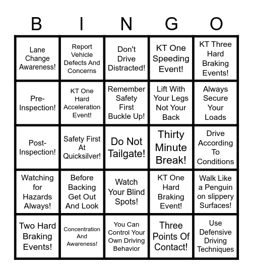 QUICKSILVER  FREIGHT SAFETY Bingo Card