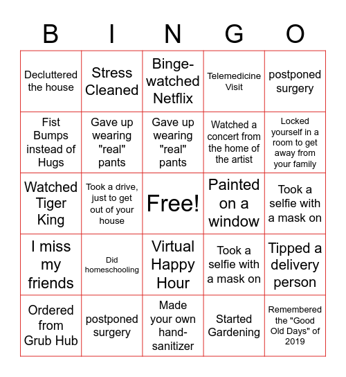 Pandemic Bingo Card