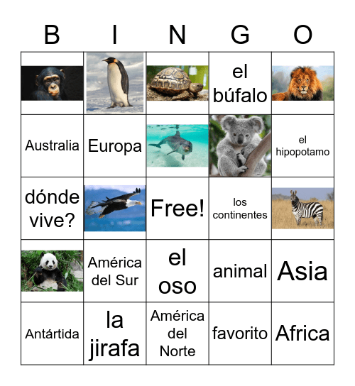 Los animales y los continentes Bingo Card