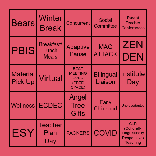 Staff Meeting BINGO Card