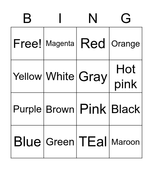 Colors Bingo Card