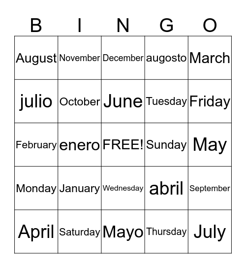 Days of the Week and Months of the Year Bingo Card