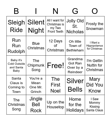 Christmas Song Bingo Card