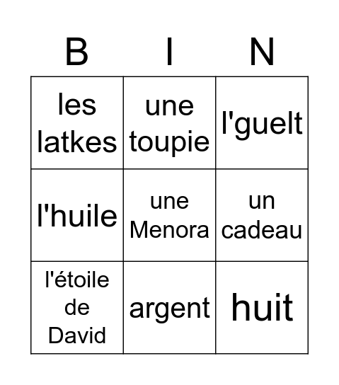 Vocabulaire de Hanoukka Bingo Card