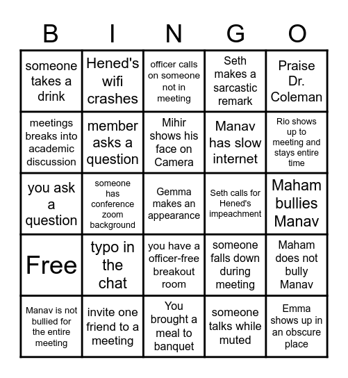 Official PBL Meeting Bingo Card