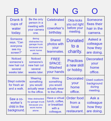 Work from Home Bingo (what did you do today?) Bingo Card