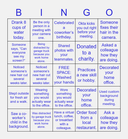 Work from Home Bingo (what did you do today?) Bingo Card