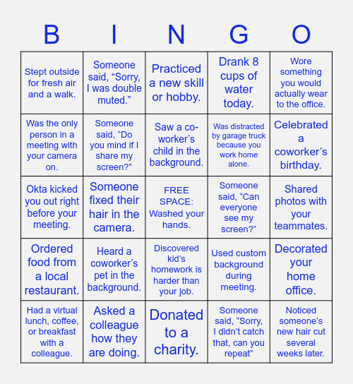 Work from Home Bingo (What did you do this week?) Bingo Card