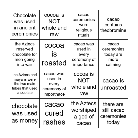 Chocolate Bingo Card