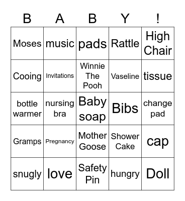 Baby Shower BINGO! Bingo Card