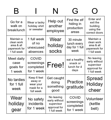 Production Holiday Bingo 2020 Bingo Card