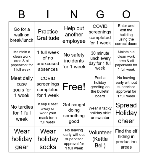 Production Holiday Bingo 2020 Bingo Card