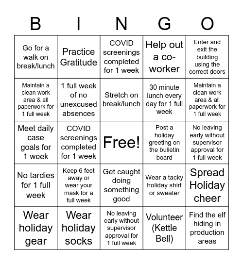 Production Holiday Bingo 2020 Bingo Card