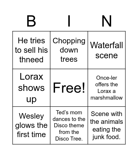 The Lorax Bingo Card