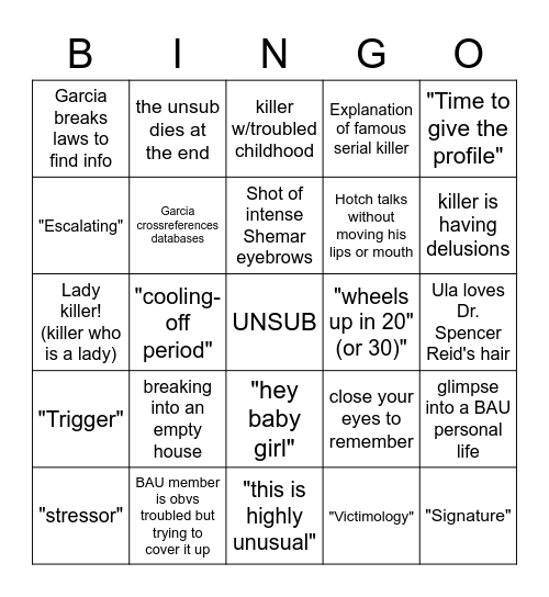 Criminal Minds Bingo Card