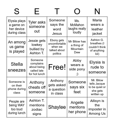Seton Class of 2023 Bingo Card