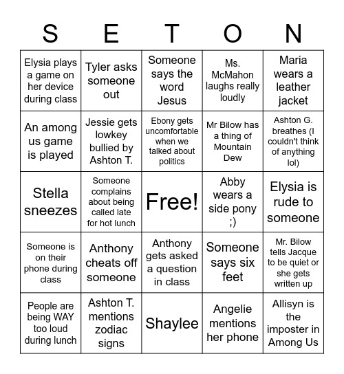 Seton Class of 2023 Bingo Card