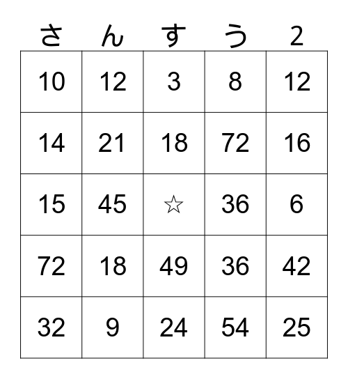 九　九　ビ　ン　ゴ Bingo Card