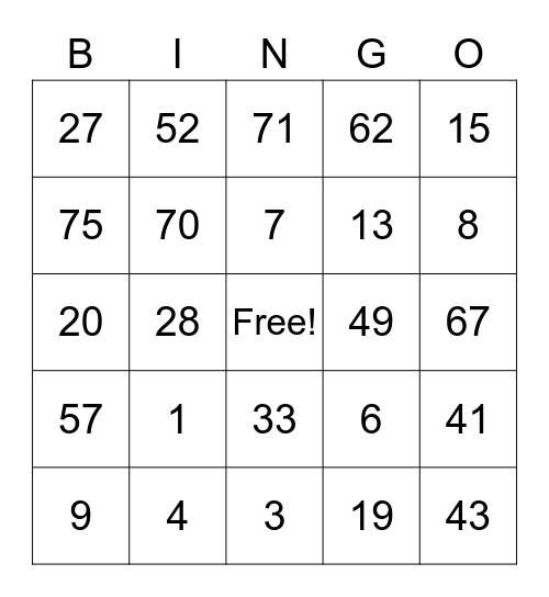 Bishop Kelley Catholic School Friday Bingo Card