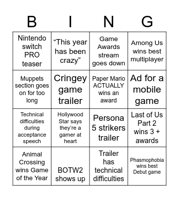 Game Awards 2020 Bingo Card