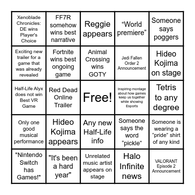 The Game Awards Bingo Card