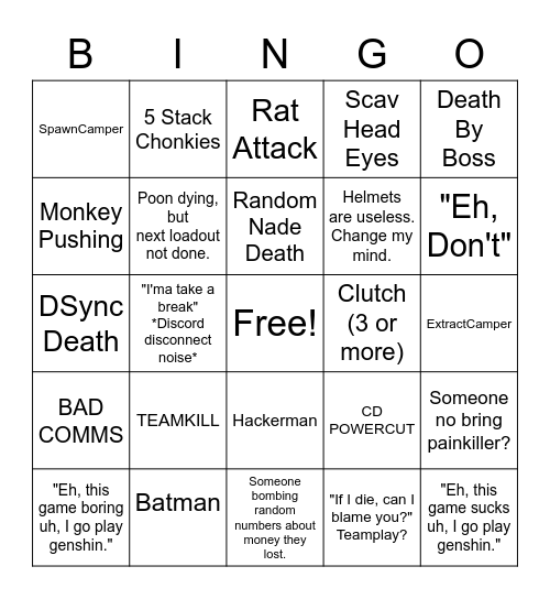 Lmao tilt tarkov Bingo Card