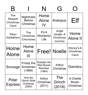 Christmas Movies Bingo Card