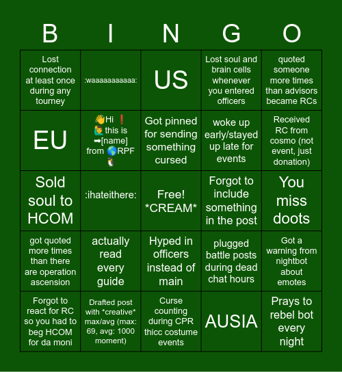 RPF Bingo (occifers version) Bingo Card