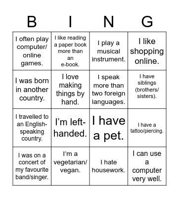 Getting to know each other Bingo Card
