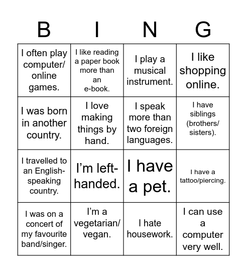 Getting to know each other Bingo Card