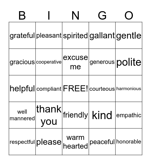 Polite Words Bingo Card