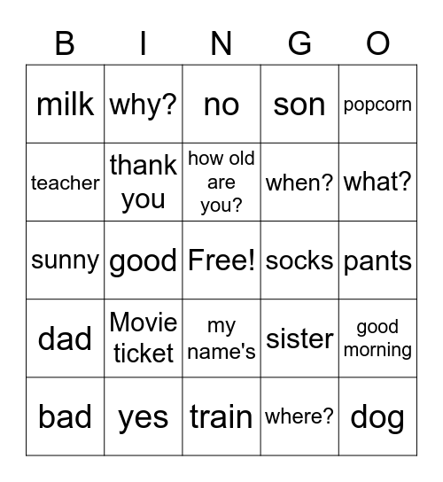 ASL Vocab Bingo Card